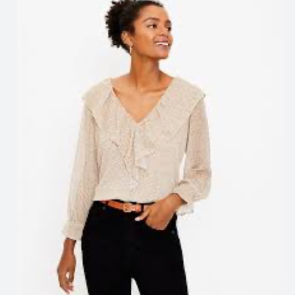 Loft Dotted Cream Beige V Neck Ruffle Lined Long Sleeve Crepe Career Blo… - Picture 2 of 14